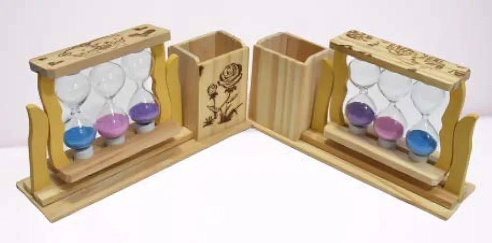 Handicraft wooden pen stand with hour glass