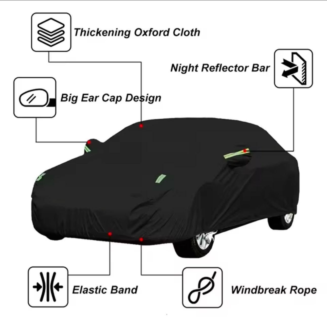 High Quality Universal BLACK Car Cover with fleece on the inside part & Has Reflector on the sides