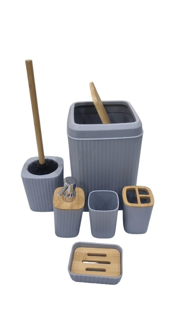 Bathroom set of 6pc (consisting soap dish cup toothbrush holder soap dispenser toilet brush n holder and dust bin) now available in 2 designs each having 3 colours