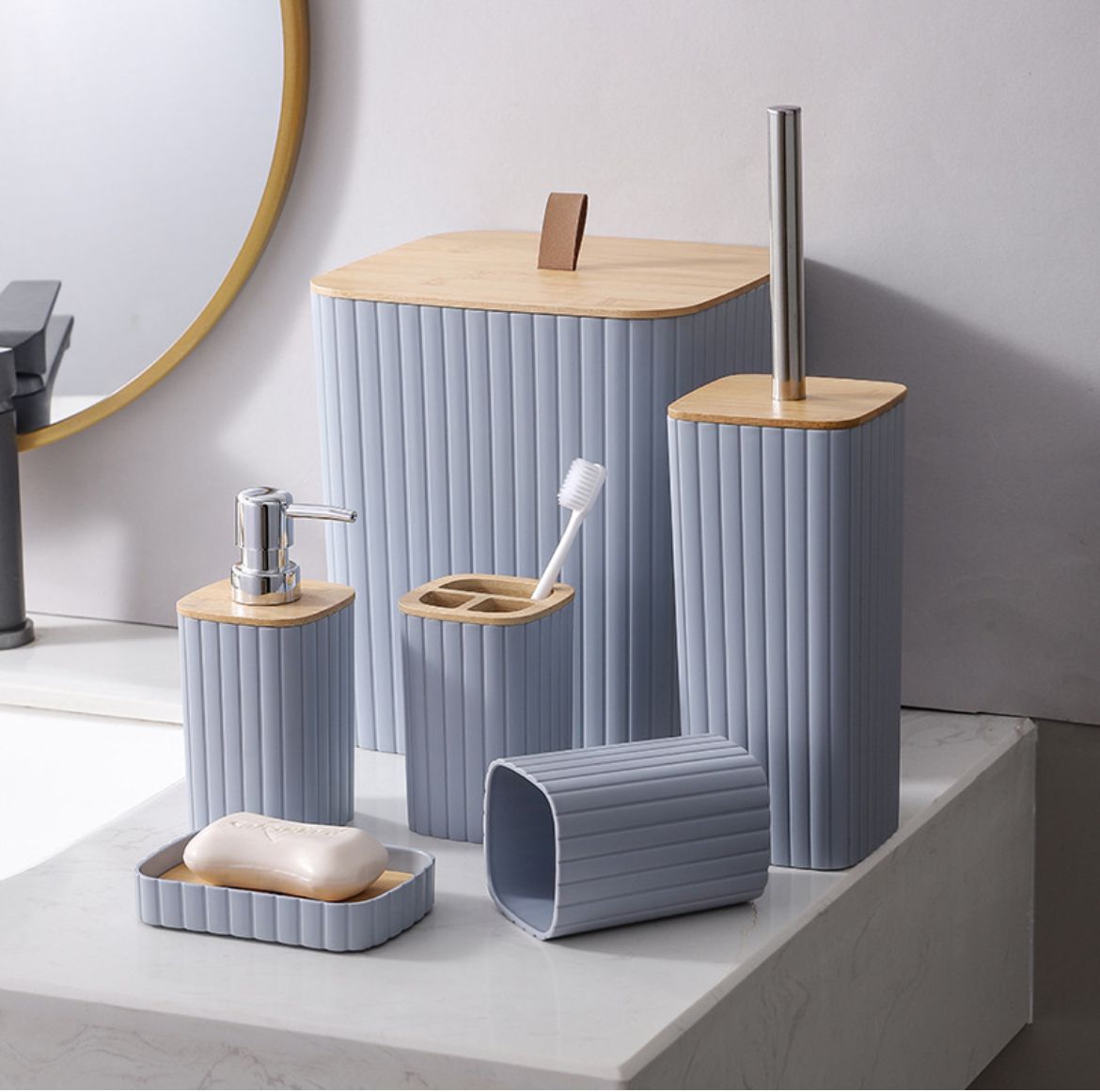 6 in 1 bathroom accessories set with wooden top