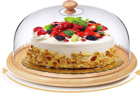 High quality bamboo base cake/fruit stand with high quality acrylic top dome cover