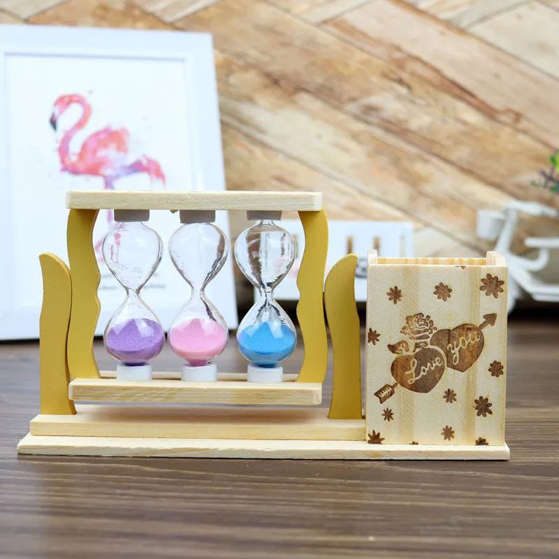 Handicraft wooden pen stand with hour glass