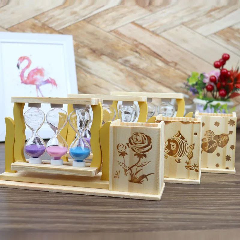 Handicraft wooden pen stand with hour glass