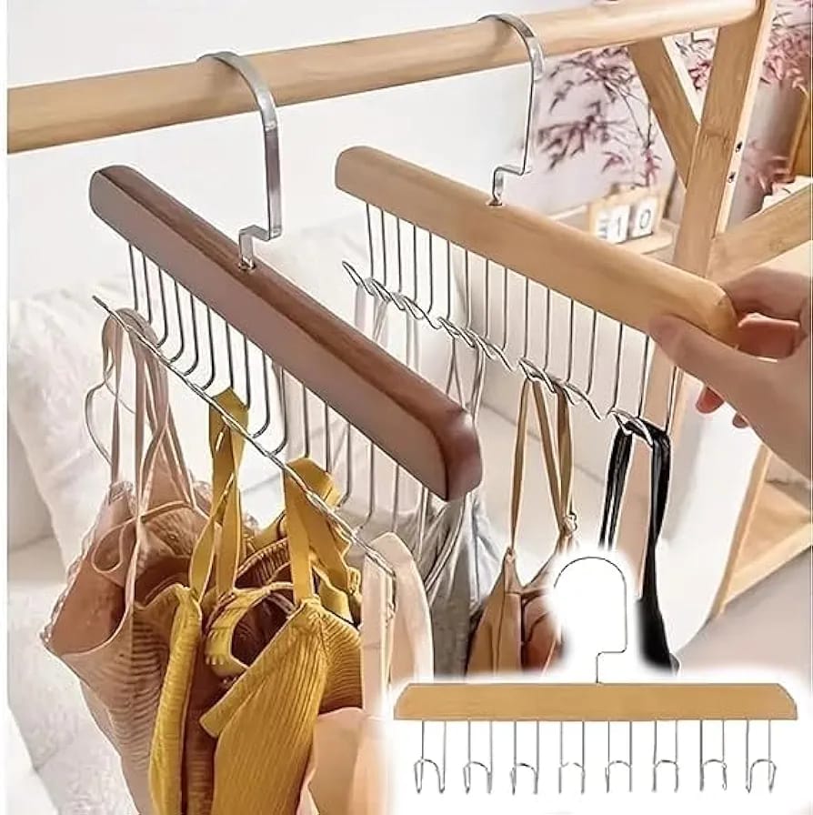 Solid wooden hanger with multiple hooks