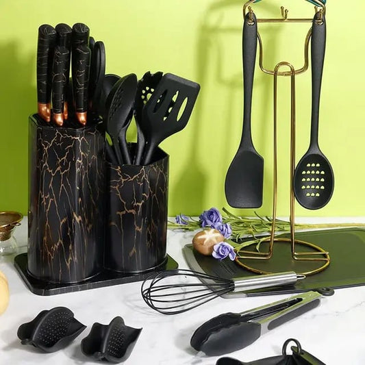 25pcs Silicon spoon & Knife Set with Block, Holder & Cutting Board