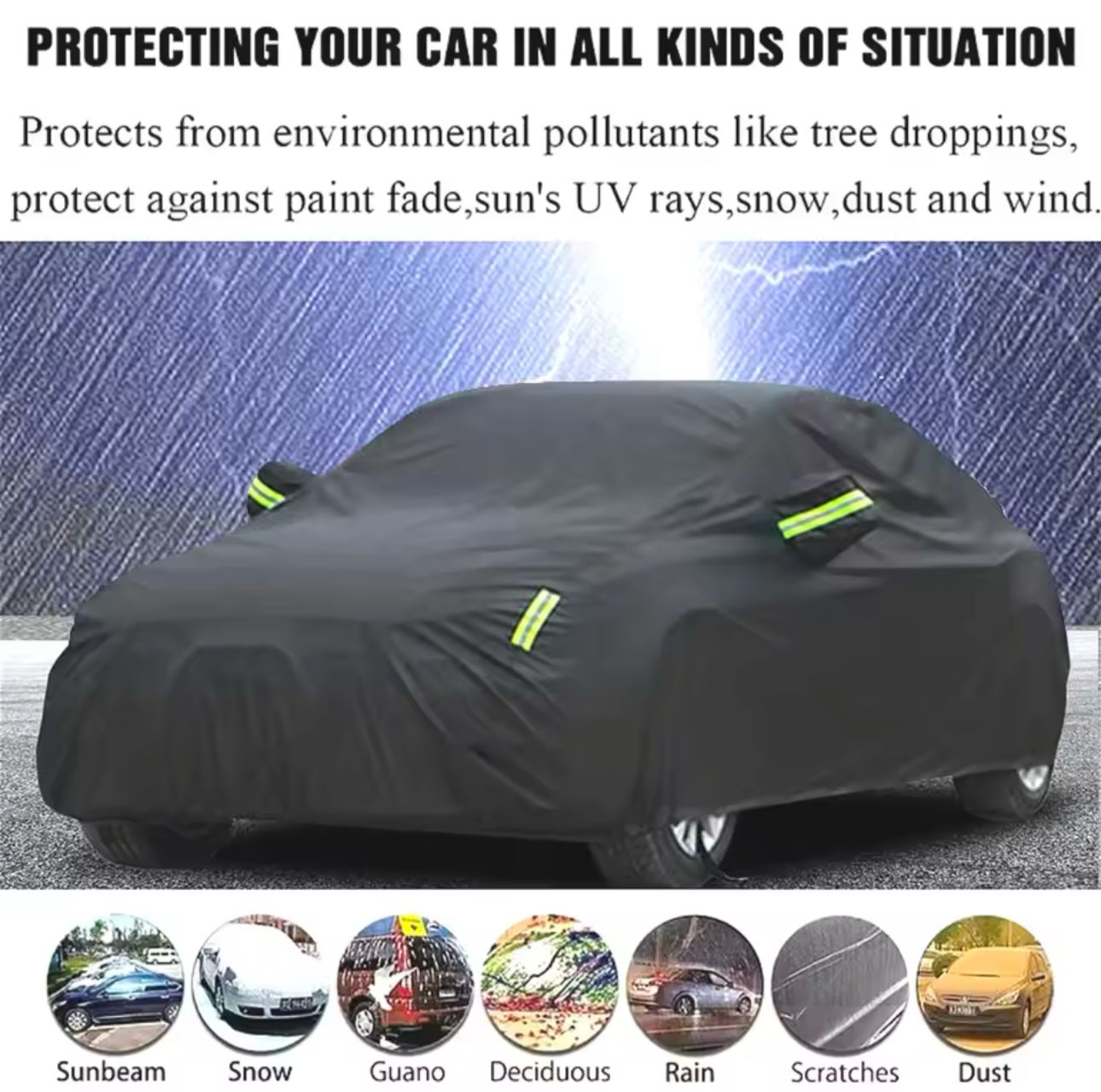 High Quality Universal BLACK Car Cover with fleece on the inside part & Has Reflector on the sides