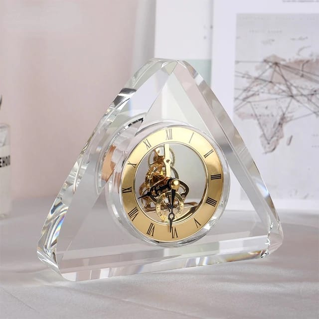 Customized Text Carved Unique Triangle Shape Clear Crystal Personalized Clock