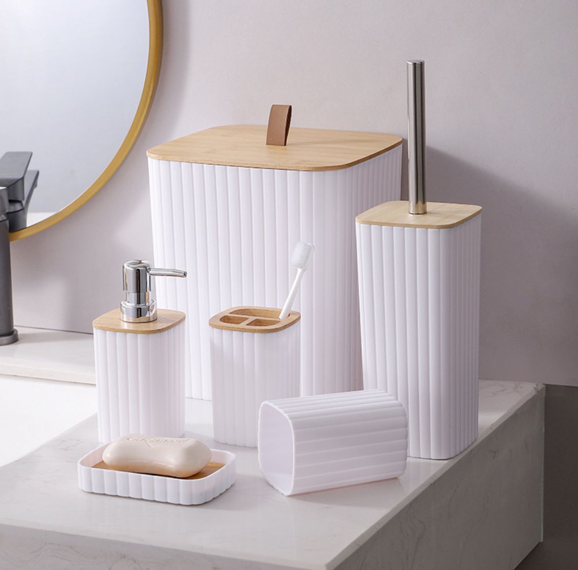 6 in 1 bathroom accessories set with wooden top