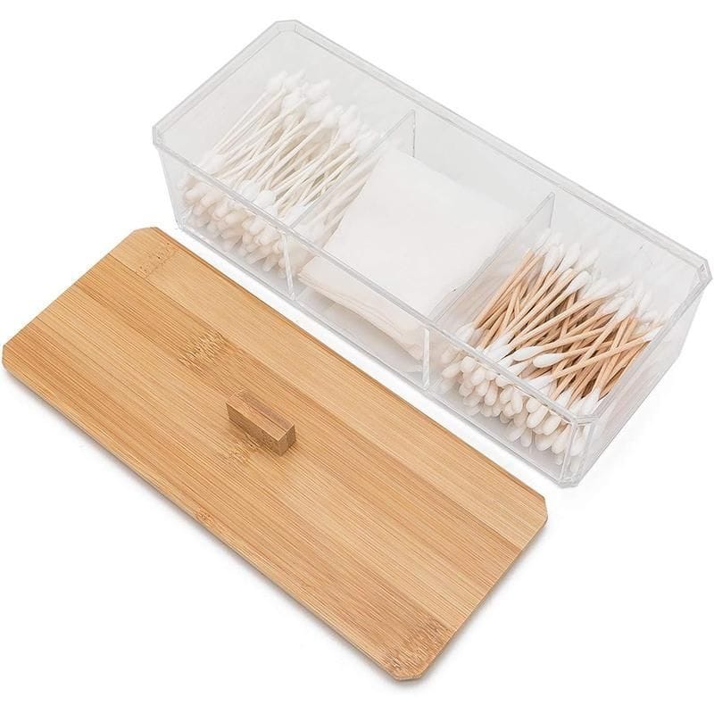 3 Compartment Acrylic Makeup Organizer Cotton Pad Storage Box For Cotton Swabs Rod Cosmetics Jewelry Organizer with Bamboo Lid