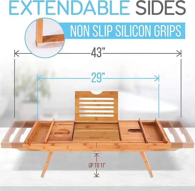 Expandable Bamboo Bathtub Caddy Tray / Breakfast Bed Table with Stands