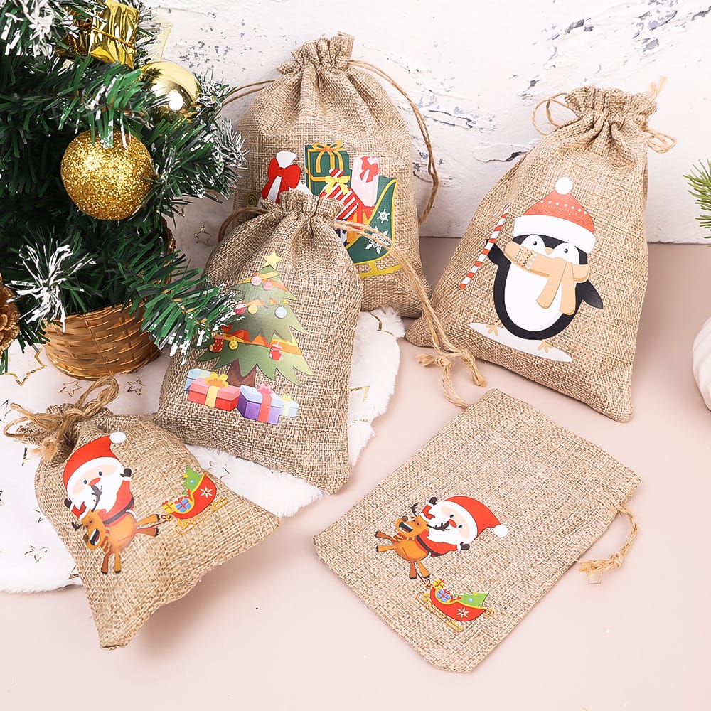 Christmas Linen Drawstring Bags Candy bags