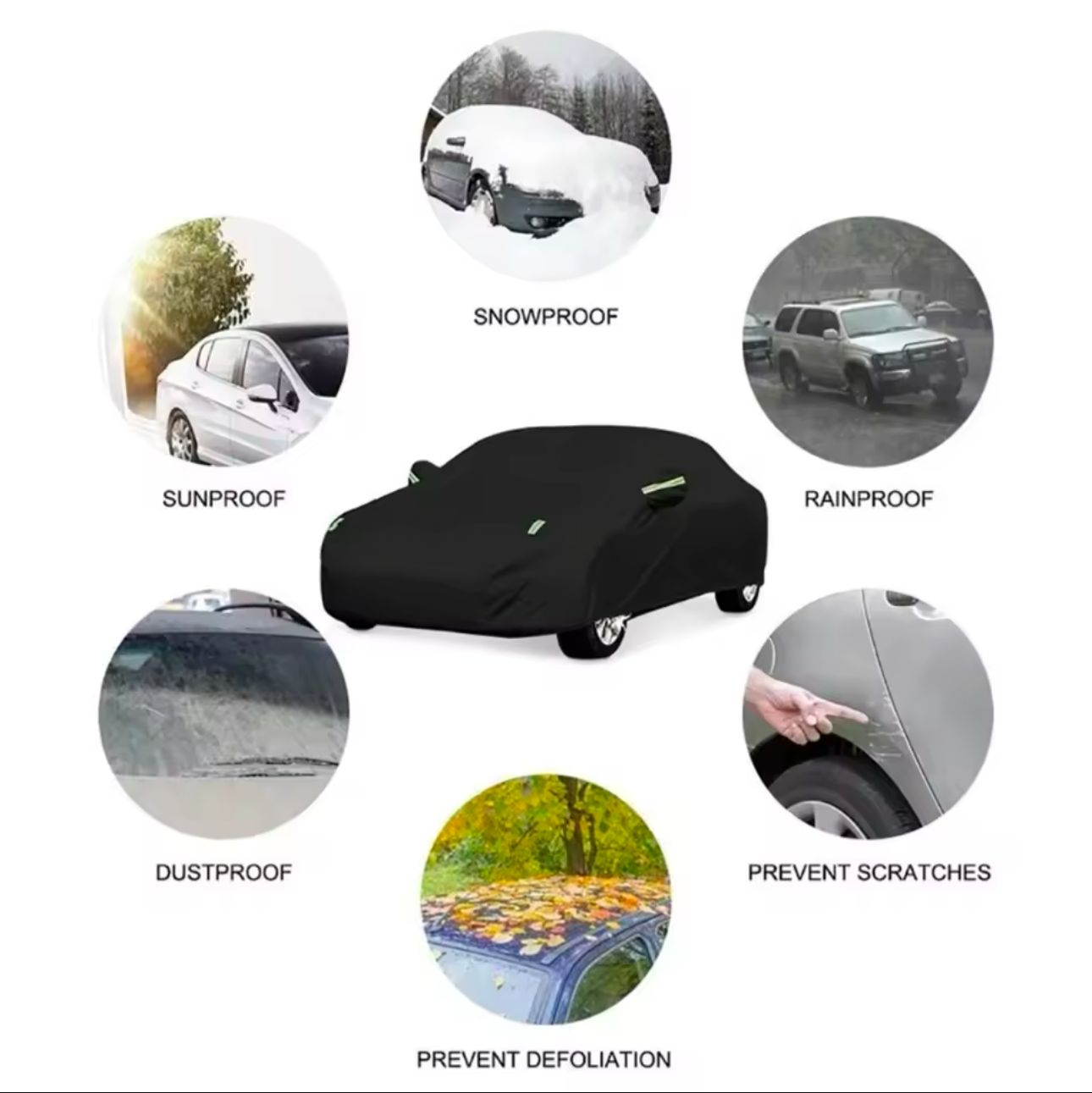 High Quality Universal BLACK Car Cover with fleece on the inside part & Has Reflector on the sides